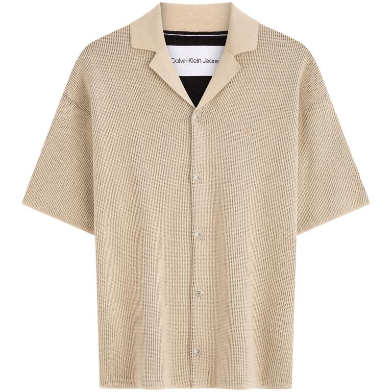 Calvin Klein Minimalist Embroidered Cuban Collar Button-Up Short Sleeve Knit Top Men Tops Khaki J325675
