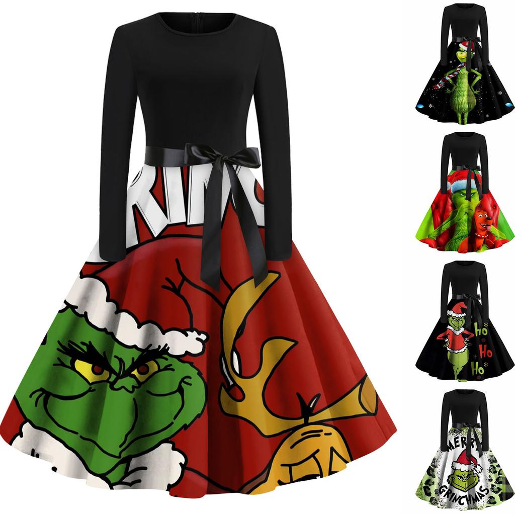 Women's Christmas Print Flare Dress For Women Long Sleeve Dress Party Casual Dresses