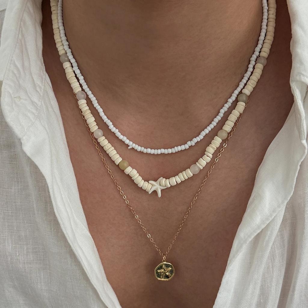 New 1Pcs/Set Vintage Coconut Husk Rice Beads Choker Necklace for Men Punk Gold Color Rounds Metal Pendant Chain Jewelry New