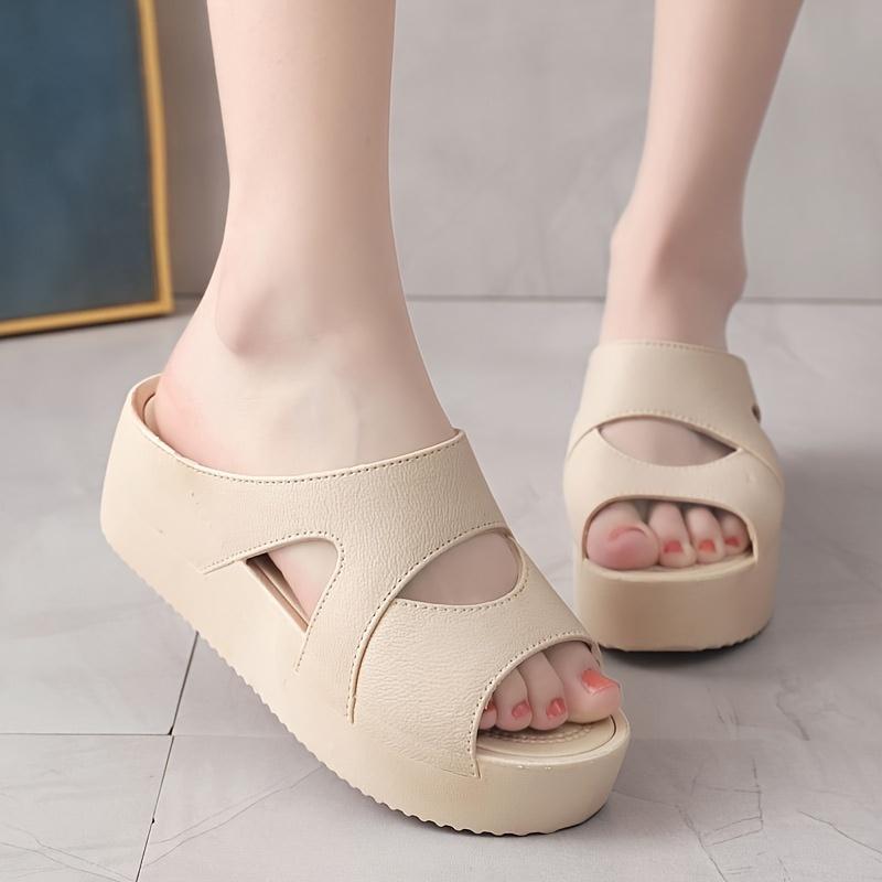 Женские тапочки на платформе, однотонные шлепанцы с вырезом и круглым носком с открытым носком, женские удобные домашние и уличные тапочки