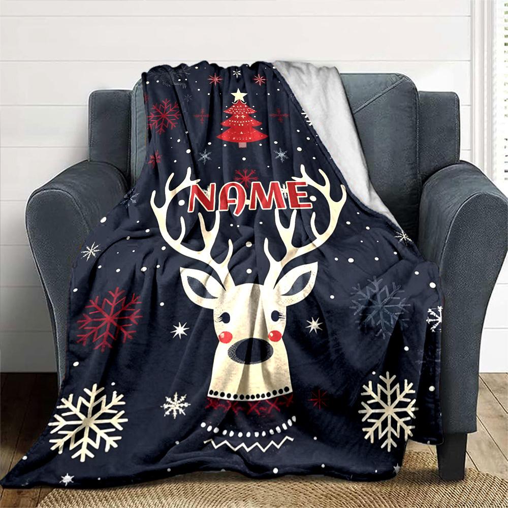 Reindeer Christmas Tree Snowflakes Throw Customizable Blanket Customize Your Name Soft Cozy Versatile For Sofa Couch Office Bed Picnics Allseason Use
