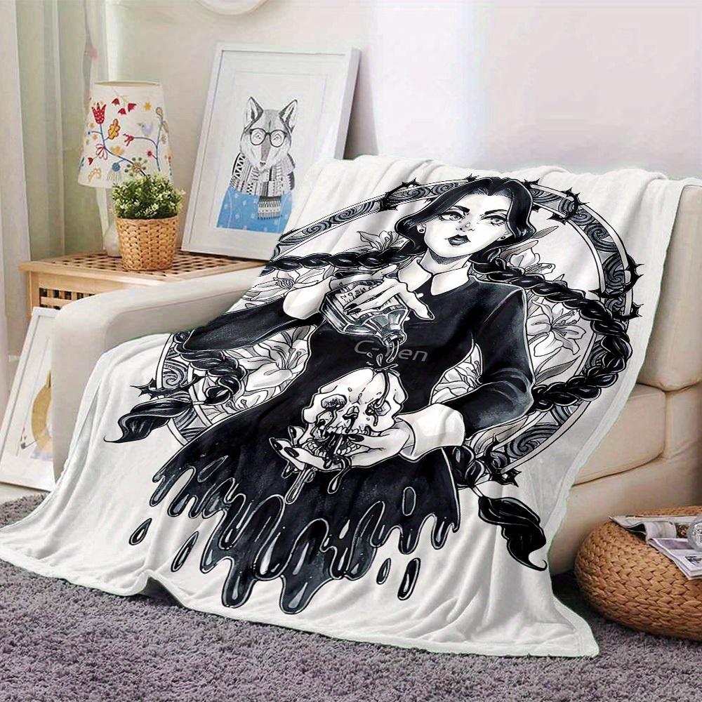 1pc Flannel Blanket, Gothic,Wednesday,Skull Pattern Printed Blanket, Sofa Bed Sofa Car Office Camping Travel Warm And Comfortable Soft Blank