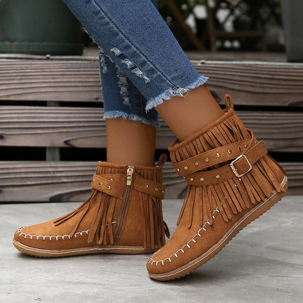 2024 Autumn/Winter Flat Fringe Ankle Boots with Buckle - European & American Style Retro Martin Knight Boots