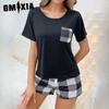 Summer Women's Two-piece Loungewear Pullover Short-sleeved Plaid Pockets Plaid Shorts Suit Pajamas