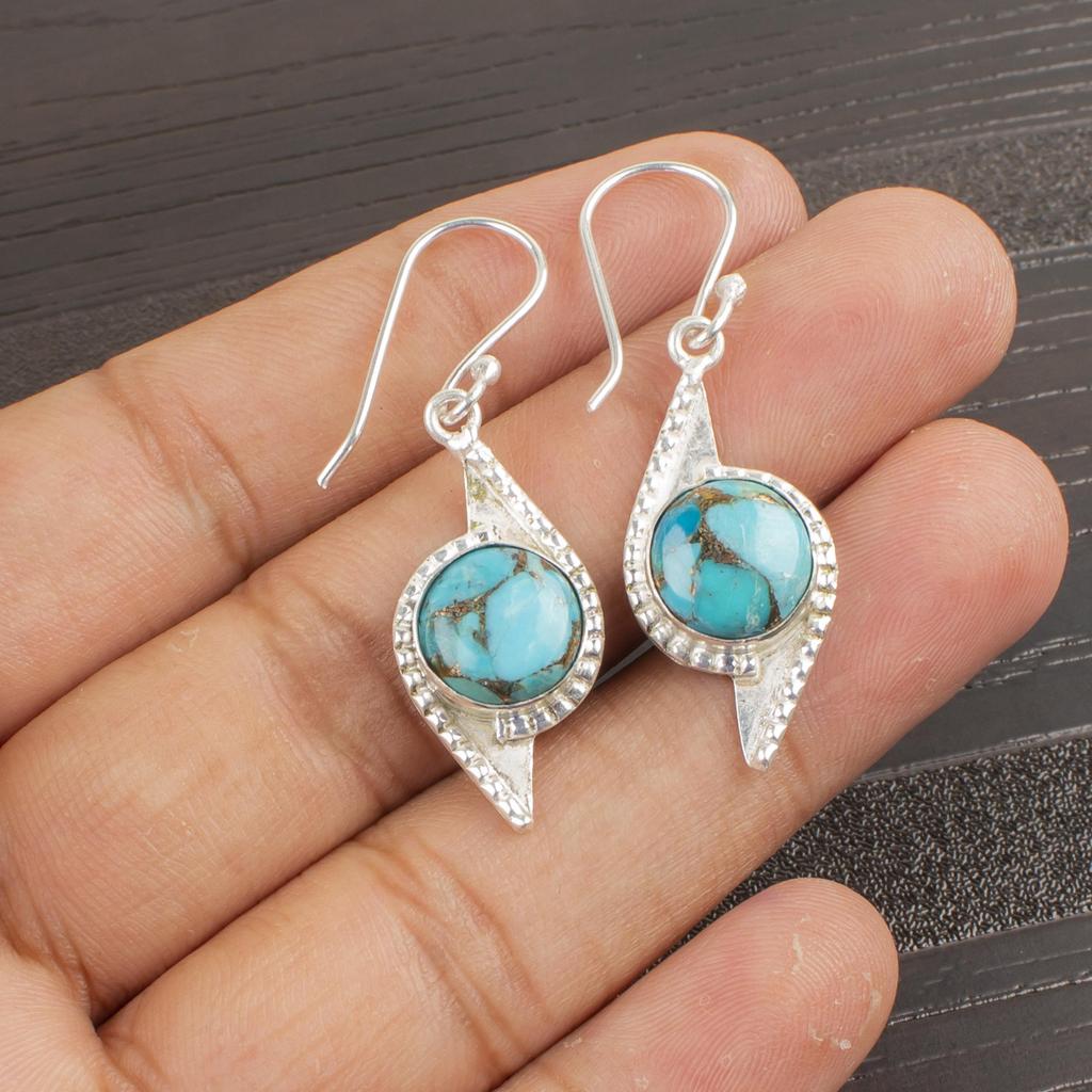 Blue Copper Turquoise Handmade Gemstone Earrings, 925 Solid Sterling Silver Earrings Antique Jewelry, For Wedding Gift