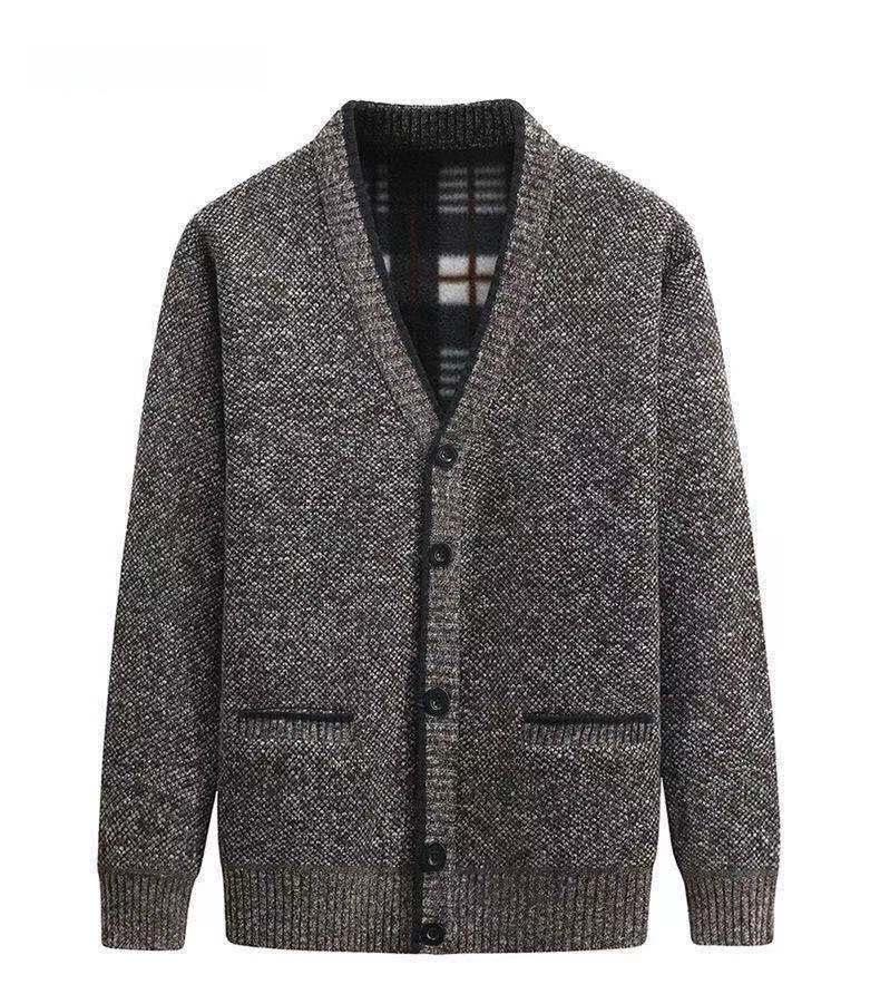 Мужской зимний утолщенный свитер-кардиган с V-образным вырезом и бархатом для людей среднего и пожилого возраста