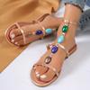Fashion Summer Ladies Striped Thin Heel Sandals with Colorful Embellishing Open Toe Buckle Roman Shoes Plus Size