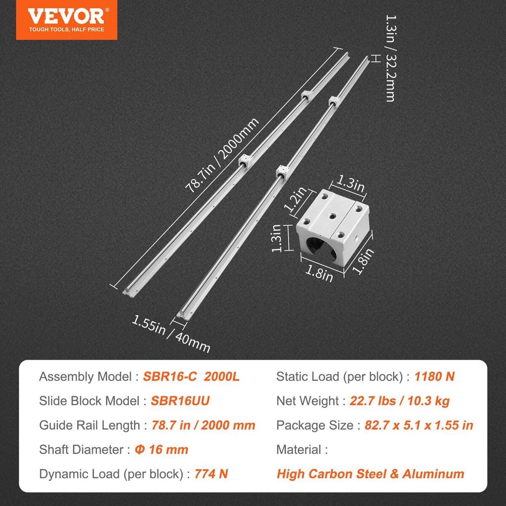 Linear Guide Rail Set, SBR16 2000mm, 2 PCS 78.7 in/2000 mm SBR16 Guide Rails and 4 PCS SBR16UU Slide Blocks, Linear Rails and Bearings Kit for