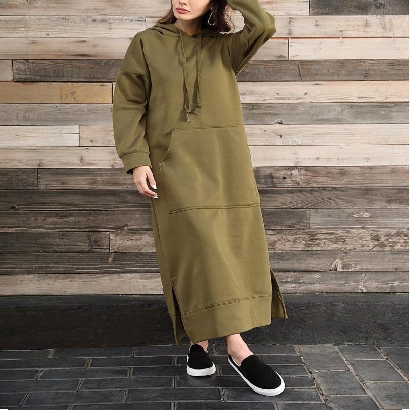 GMXIA Осенне-зимнее свободное трикотажное длинное платье большого размера с капюшоном, толстовка с подкладкой, повседневные модные платья, платья с большими карманами