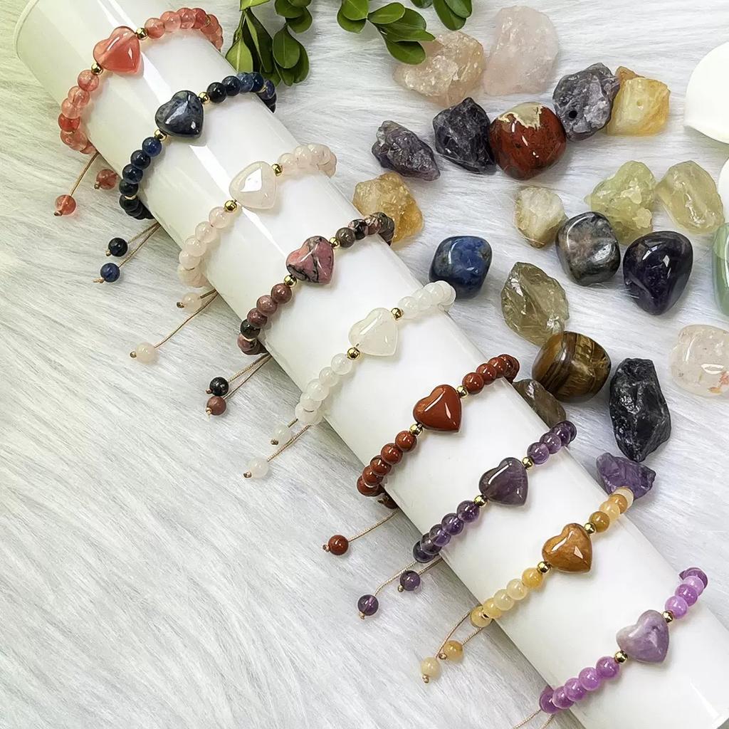 Bohemian Style 6mm Natural Amethyst Rose Quartz Heart Bead Braided Bracelet Trendy Charm Bracelets for Anniversary Present