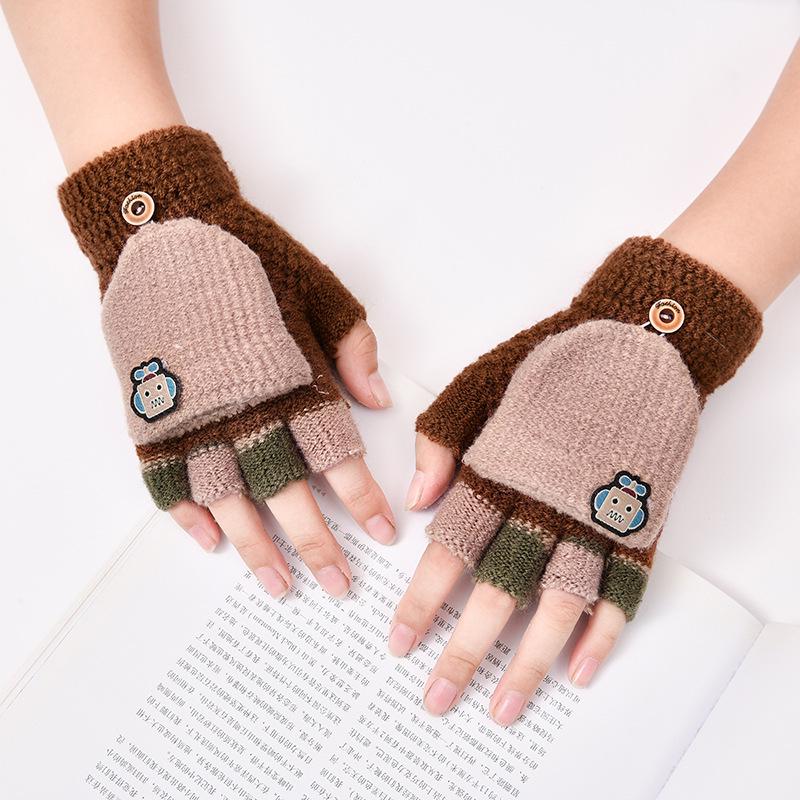 Милые детские перчатки-перевертыши с мультяшным принтом и бархатной подкладкой для тепла и защиты от холода — идеально подходят для письма осенью и зимой