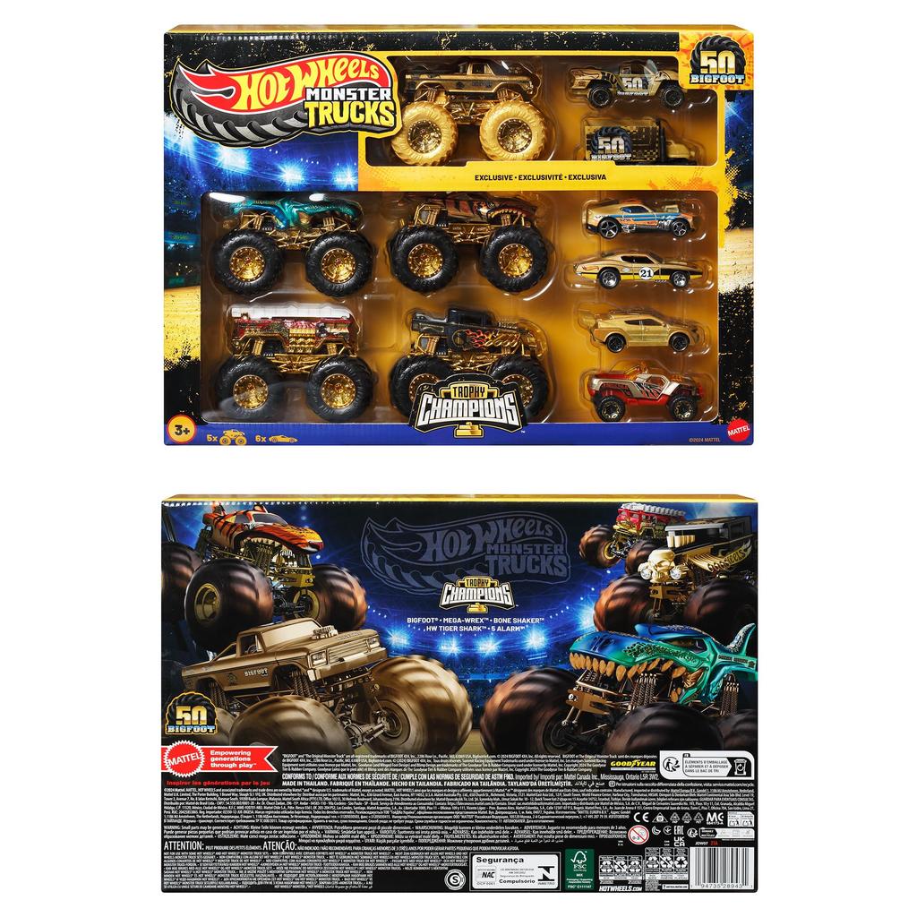 Hot Wheels Коллекция Чемпионов Монстр-Трак Bigfoot Включает 5 монстр-траков и 6 миниатюрных машинок Транспортные средства Возраст 3+ и Золотой Набор (11 всего).
