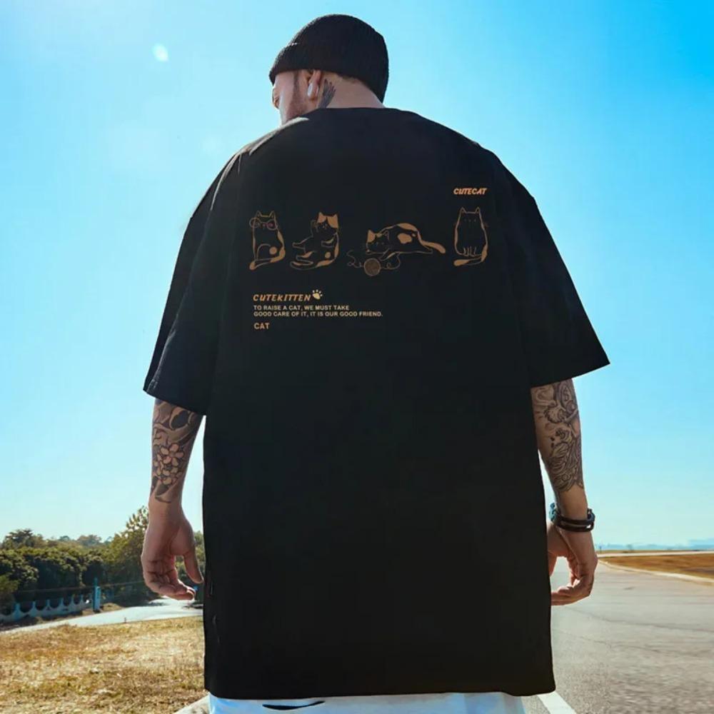 Новая мужская футболка с принтом кота, футболки с короткими рукавами для мужчин, простая модная мужская одежда, свободная футболка большого размера, топы, 2024, повседневная футболка