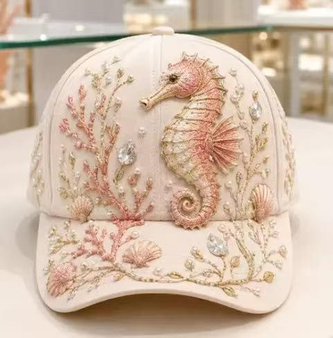 New light blue devil fish three-dimensional relief embroidery baseball cap pearl rhinestone flower seaweed cap