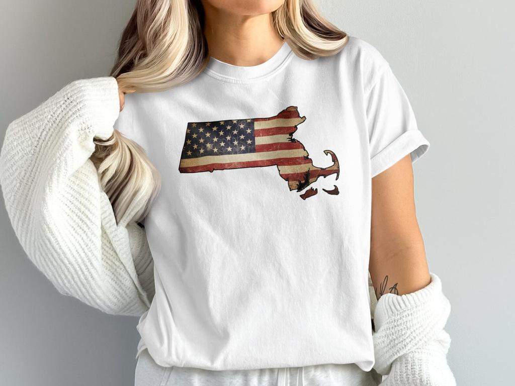 Massachusetts American Flag Map T-Shirt, Distressed USA Pride Tee
