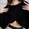 Women Sweater O-Neck Batwing Long Sleeve Solid Color Loose Fit Knitting Tops Exposed Navel Irregular Cross Sweater