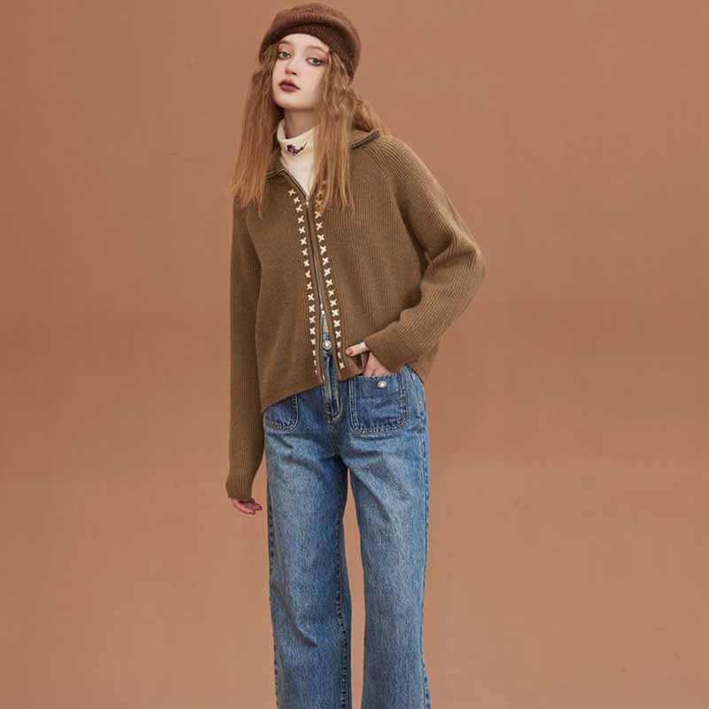 Лацкан кофейного цвета с застежкой-молнией свитер кардиган осень и зима новый винтажный короткий пальто женщина