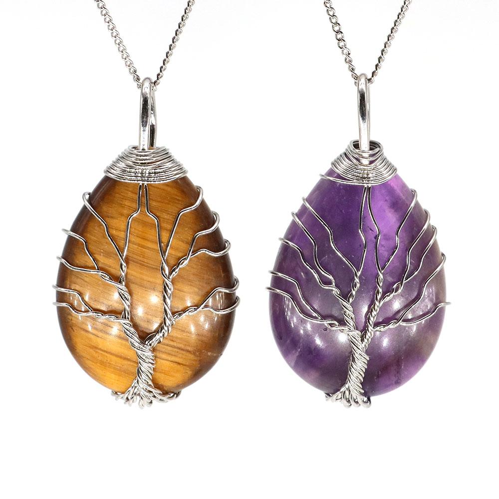 Tree Of Life Water Drop Pendant Necklace Wire Wrapped Natural Stone Crystal Amethyst Reiki Healing Energy Gems Love Jewelry Gift