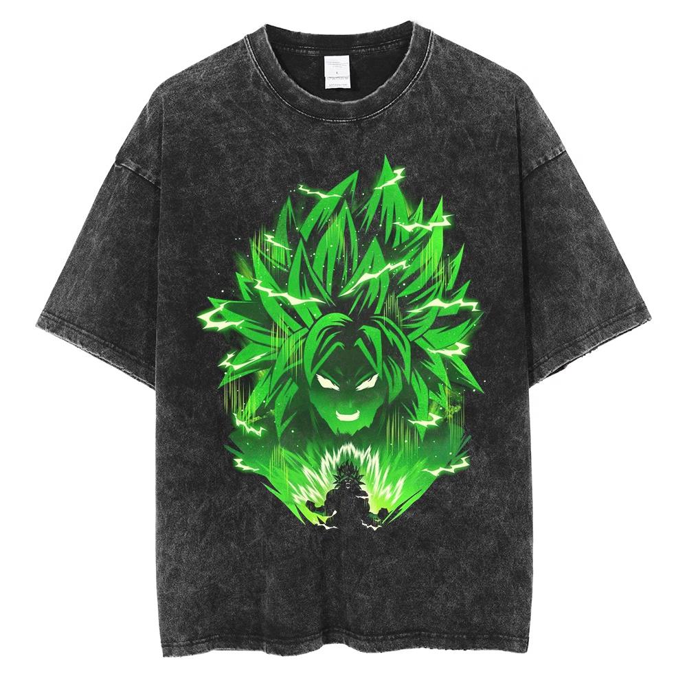 Dragon Ball Broly Super Saiyan Green Flame Nostalgic Washed Men T-Shirt Cotton Men's and Women's Summer Top