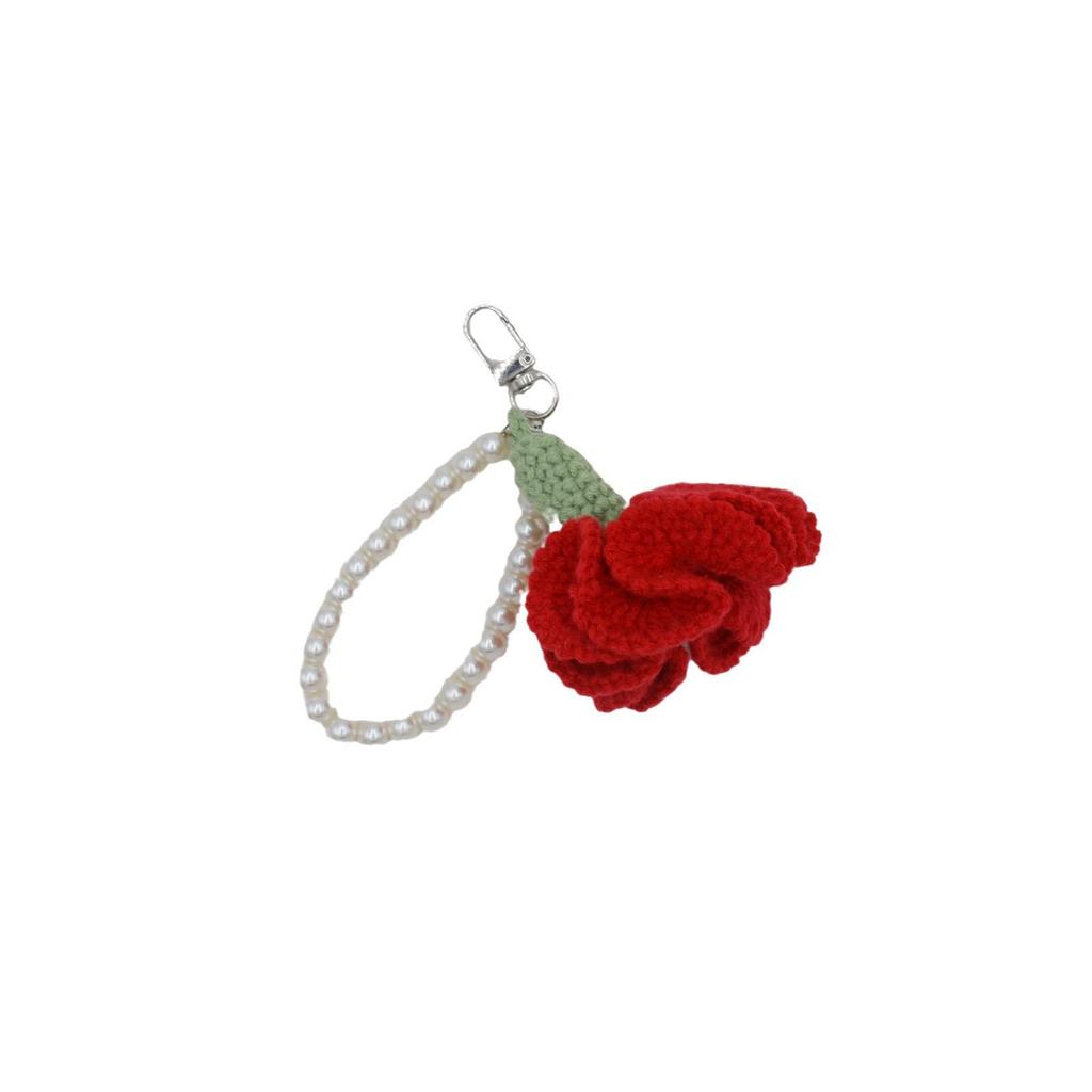 Korean-Style Pearl Chain Crochet Carnation Keychain - Mother's Day Gift Accessory