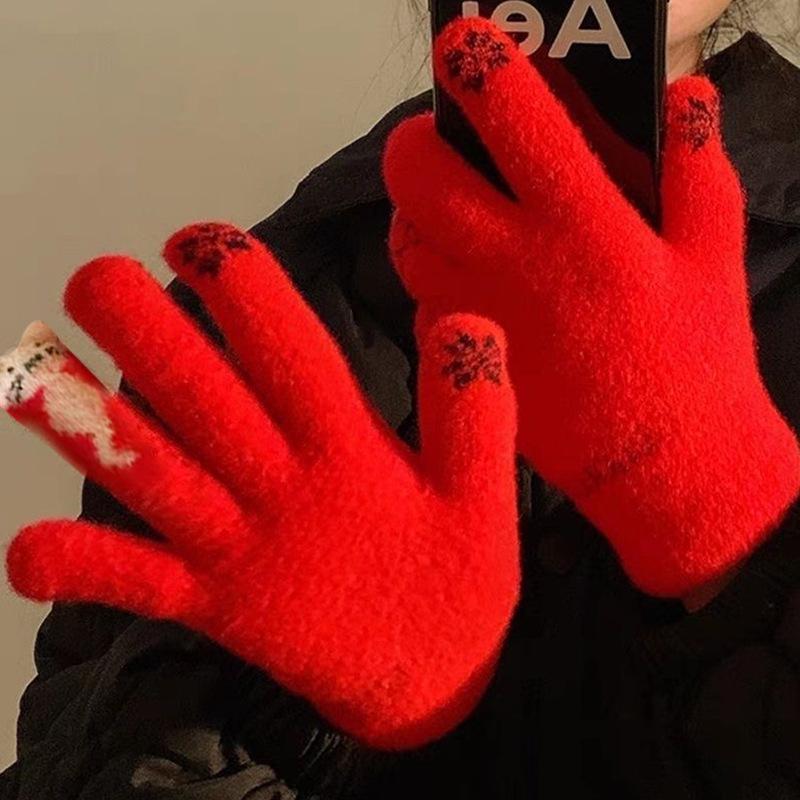 Праздничные красные плюшевые перчатки с сенсорным экраном «Олень» — теплый и милый зимний аксессуар для женщин и студентов