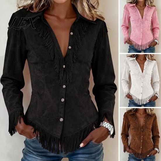 Lightweight Women Shirts Tassel Shirt for Autumn, Button Down Slim Fit Fringe Long Sleeve Top Blouse, Solid Color Casual Top, Western Cowgirl Outfit