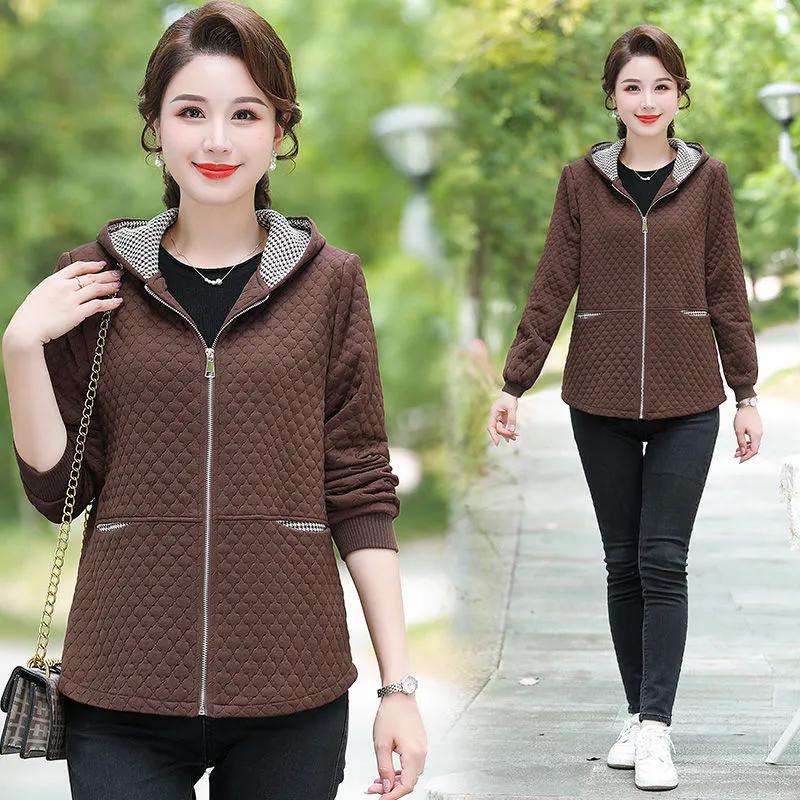 Women's Spring Short Hooded Jacket, Middle Aged and Elderly, Solid Color Style, Slim Fit Jacket