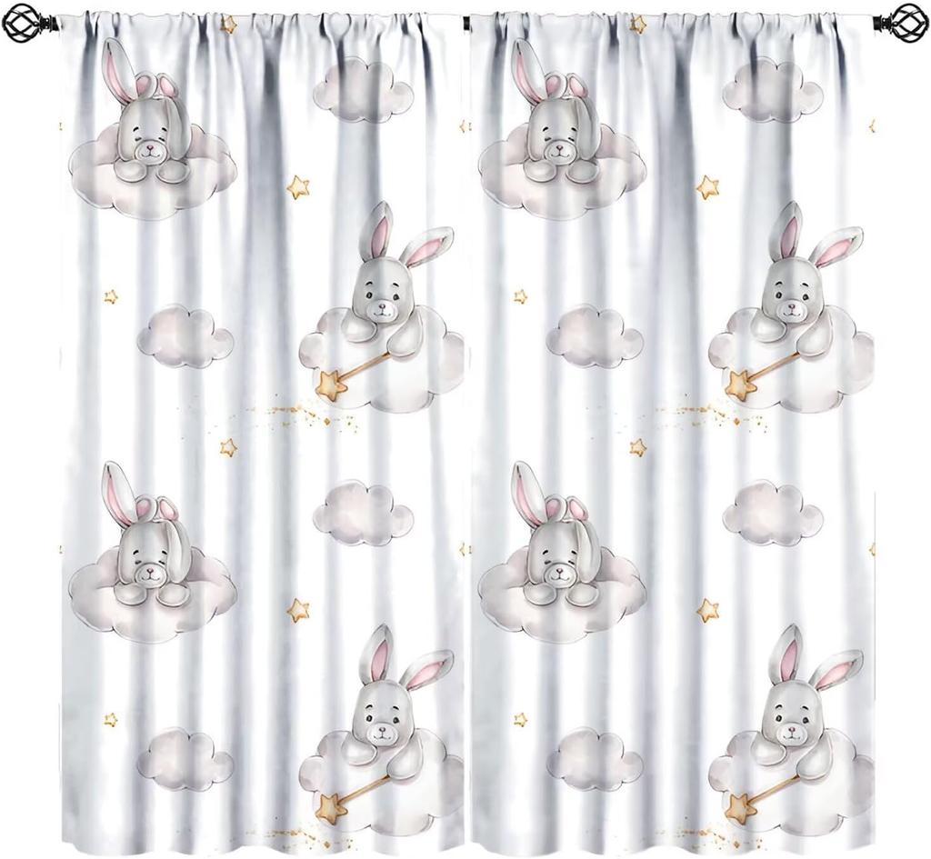 Cartoon Blue Bear Curta For Boys,Watercolor Little Cute Animal Aircrafts Hot Air Balloons Rainbow Window Drapes For Baby Boys