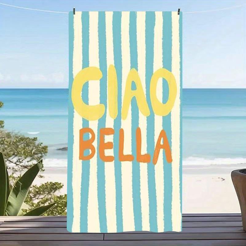 Y2K Typography Ciao Bella Print Microfiber Beach Towel Big Oversized Yellow Orange Letters Pool Blanket Unique Summer Gift Girl