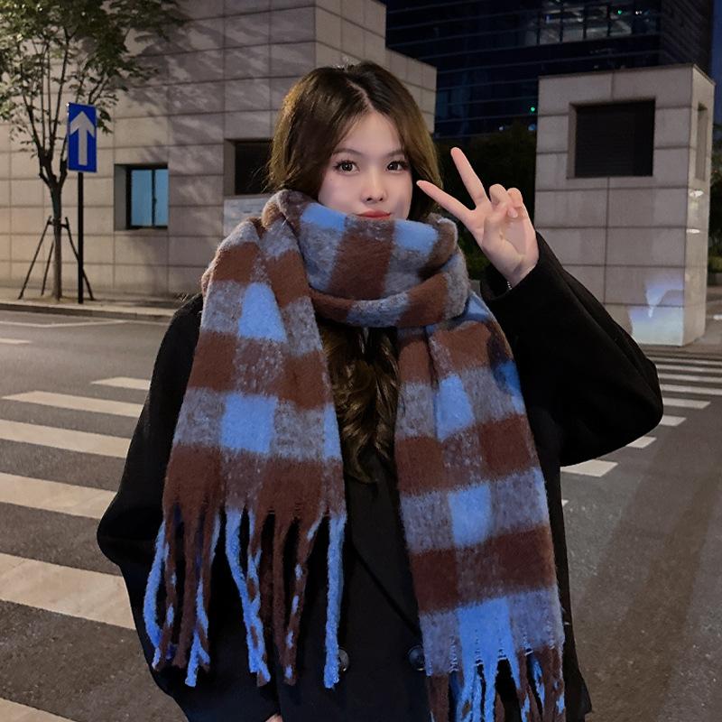 Fashion Korean version plaid imitation cashmere scarf winter warm thickened contrasting color student couple scarf long scarf
