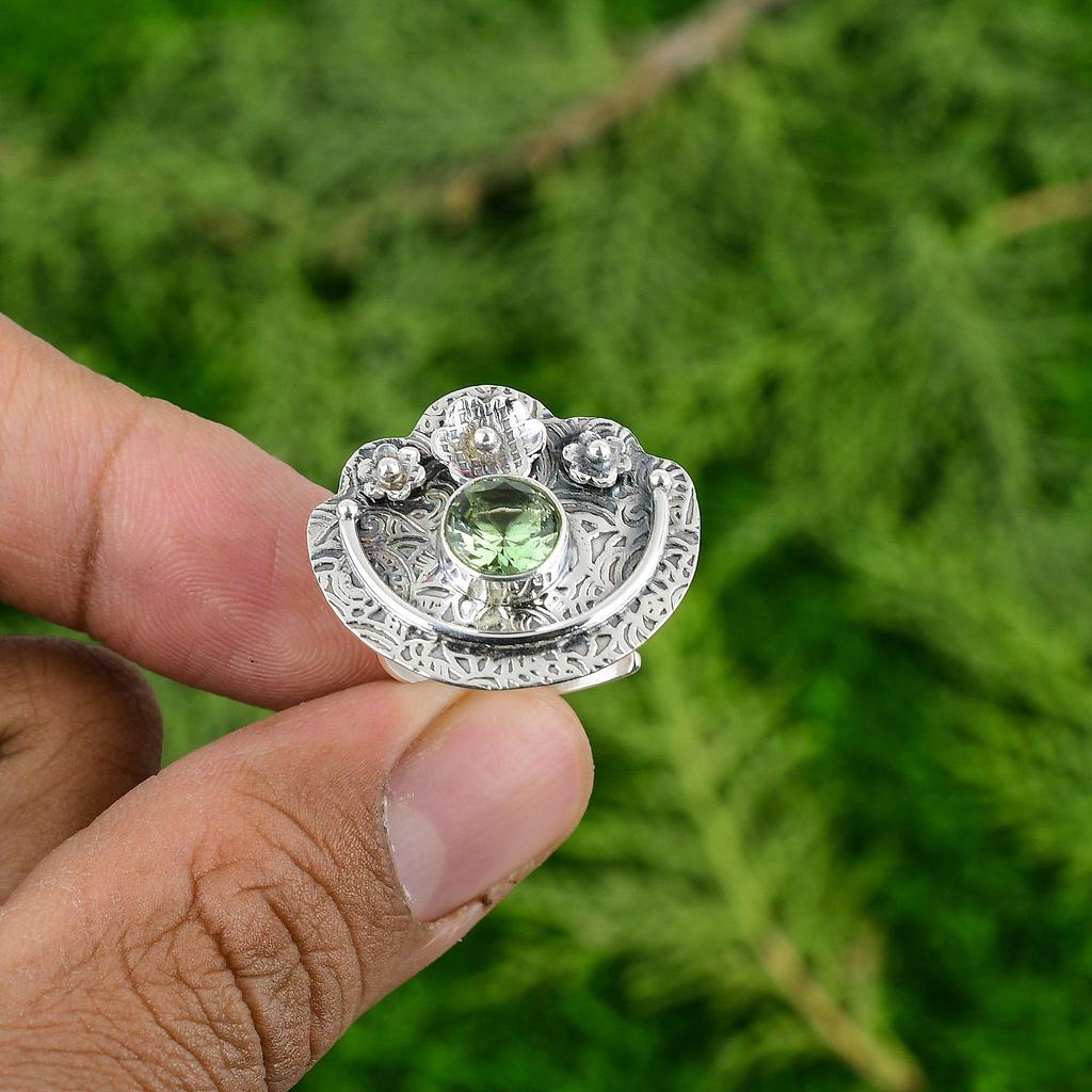 Natural Green Amethyst Multi Stone Flower Adjustable Ring 925 Silver