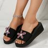 Fashion Black Fabric Strap Soft Sole Wedge Heels Slides Women 2025 Summer Pink Glitter Flower Decoration Slippers Sexy Beach Sandals