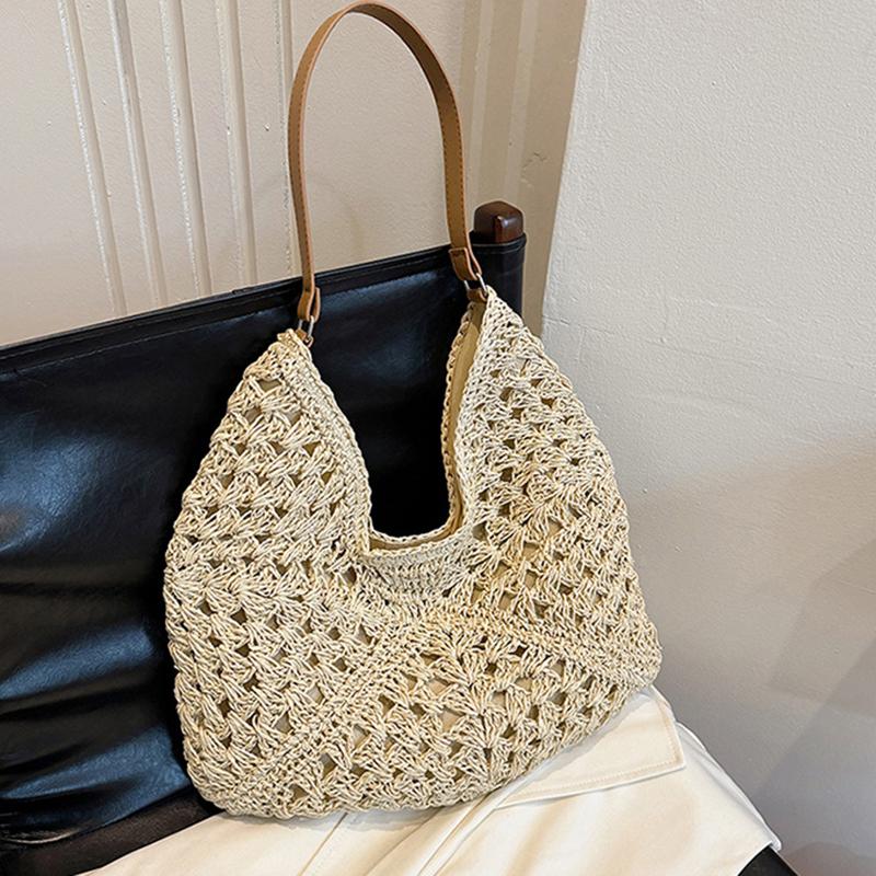 Летняя соломенная вязаная сумка, ажурная сумка-тоут, однотонная пляжная сумка через плечо, праздничная дорожная сумка, сумка через плечо в стиле бохо для женщин