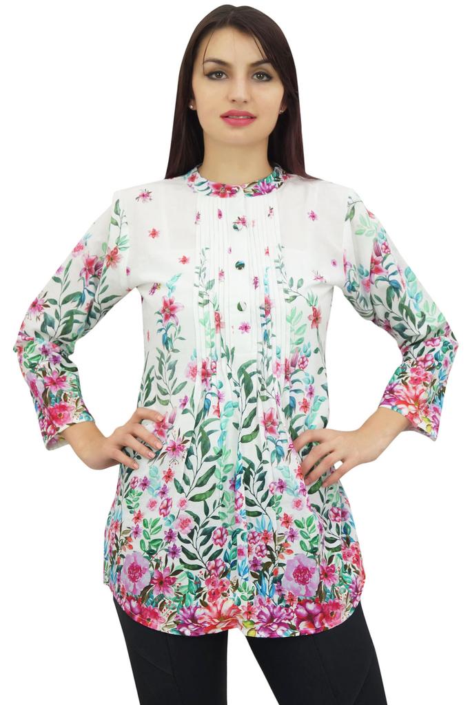 Phagun Womens Floral Printed White Full Sleeve Casual Tunic Top Blouse Shirt-
