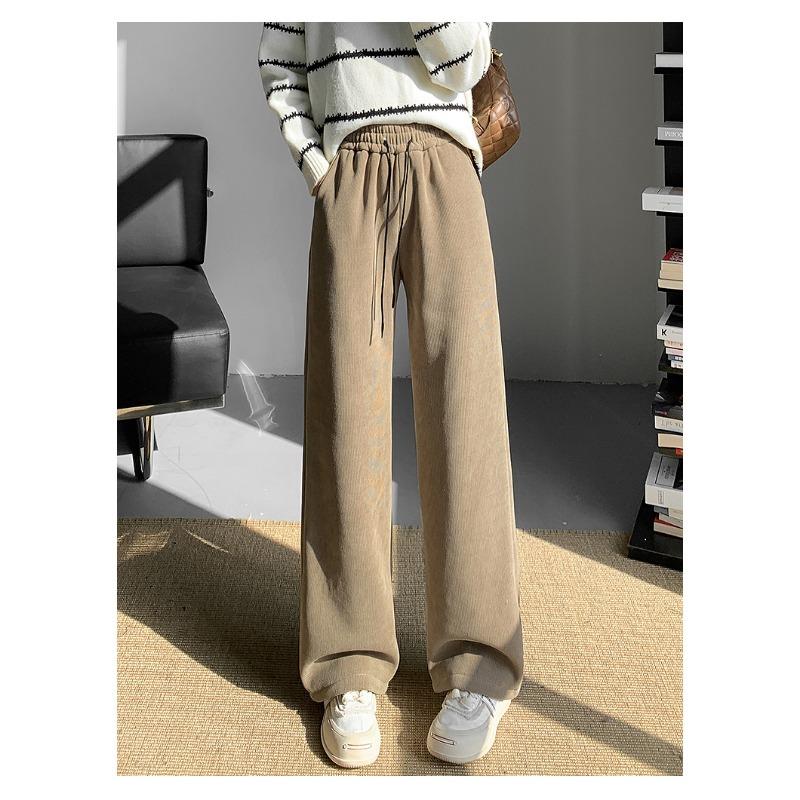 Fashion Women Drawstring Loose Casual Wide Leg Pants Autumn Fleece High Waist Winter Velvet Trousers for Women Elegant Solid Straight Lady Pants 2357