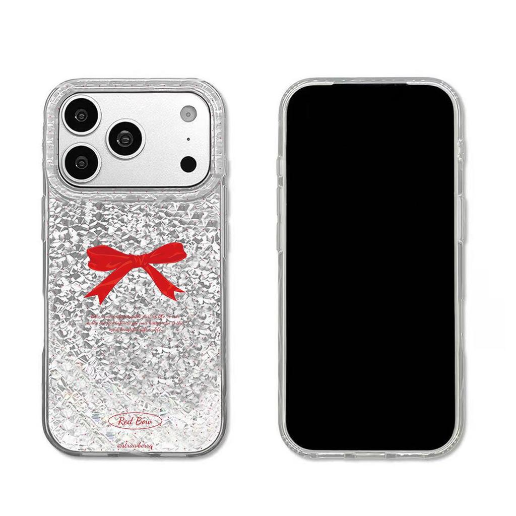 Чехол для iphone 16 Plus 18 Pro Max 13 XR 17 Pro XS Max 11 12 15 14 Air Красный Бант и Фон со Словами Блеск Трещины Фольга Акрил ТПУ Чехол для Телефона