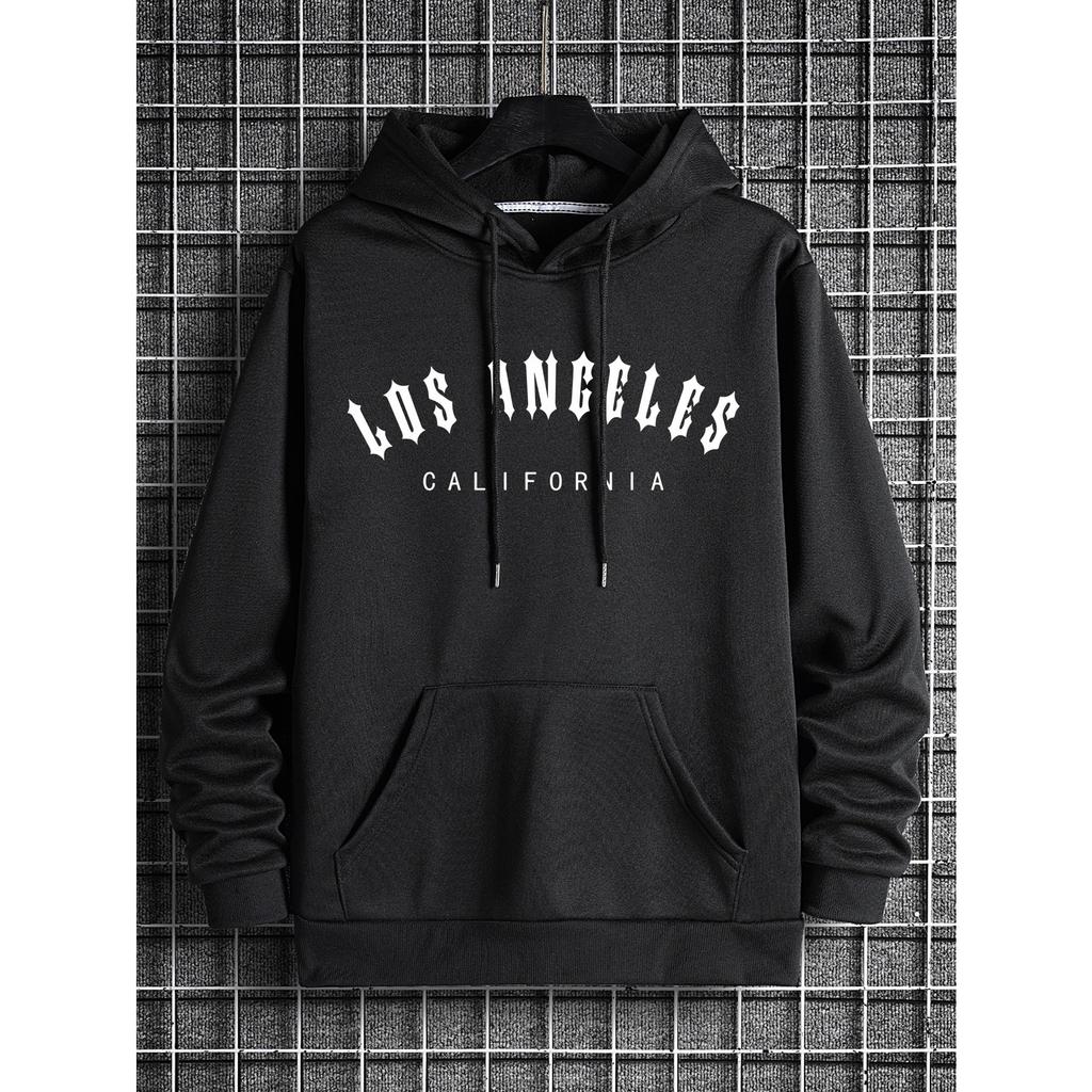 Толстовка с капюшоном Los Angeles Art Letter Pattern для мужчин с круглым вырезом, осенняя одежда, флисовая толстовка большого размера