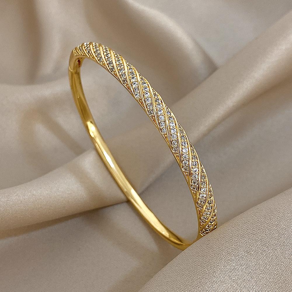 Flashbuy Gold Color Chic Inlaid Zircon Copper Bangle Bracelet For Women Statement New Design Temperament Wrist Fashion Zircon