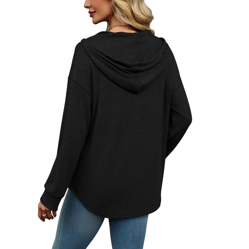 Women's Fashion Solid-Color Long-Sleeve Hooded V-Neck Casual Sweatshirt Top