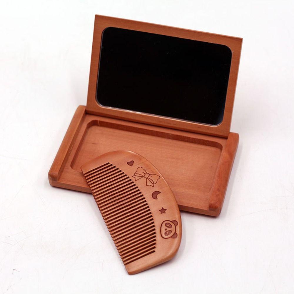 2 in 1 Wooden Comb Mirror Set Peachwood Makeup Mirror Portable Folding Mirror Travel & Home Decor