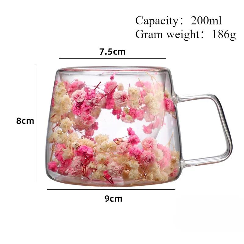 200ml Double Wall Flowers Transparent Glass Coffee Cup with Handle Double-layer Heat Insulation High Temperature Juice Cup