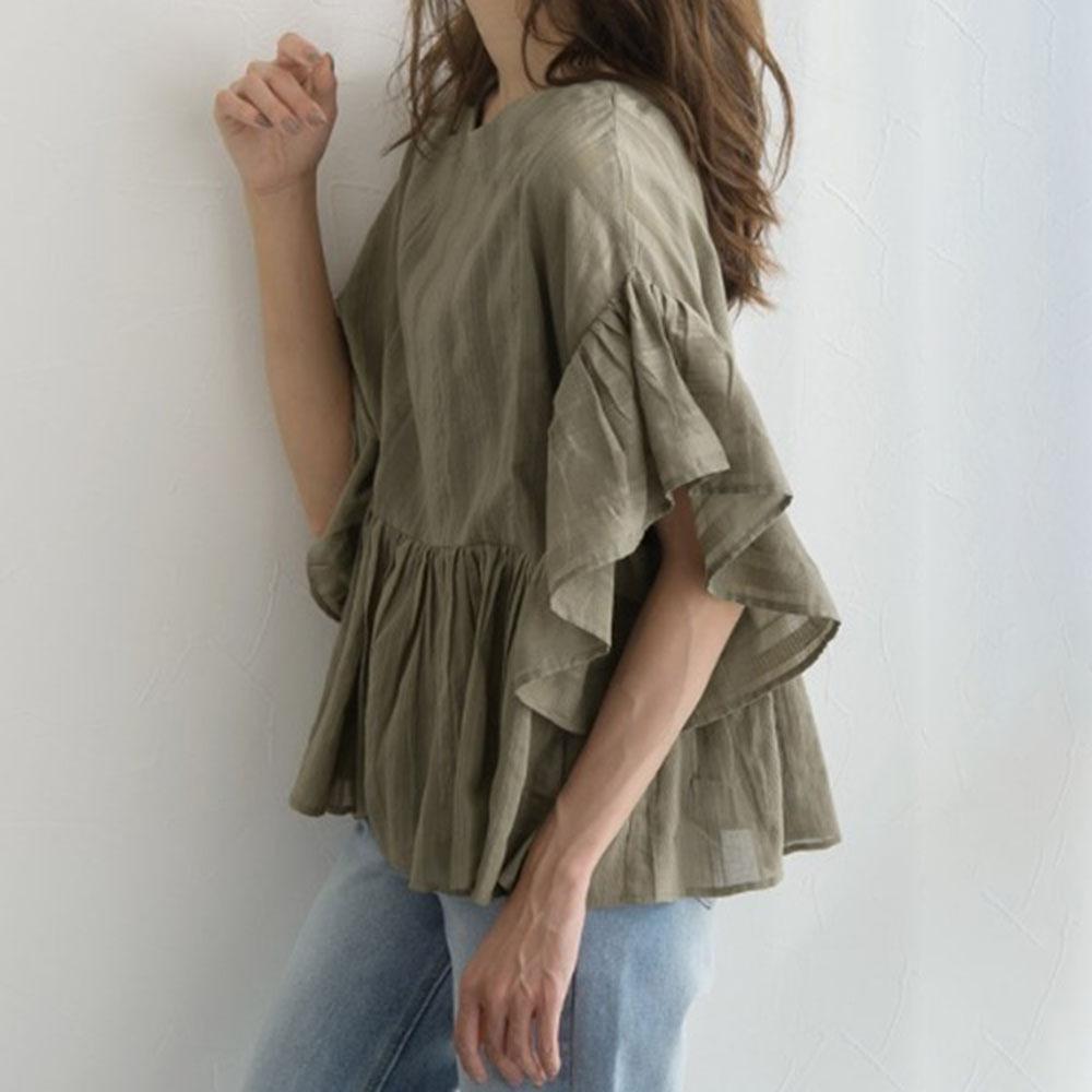 Japanese and Korean style ins women's top spring and summer short-sleeved casual lantern sleeve A-shaped hem pullover lotus leaf sleeve commuter shirt