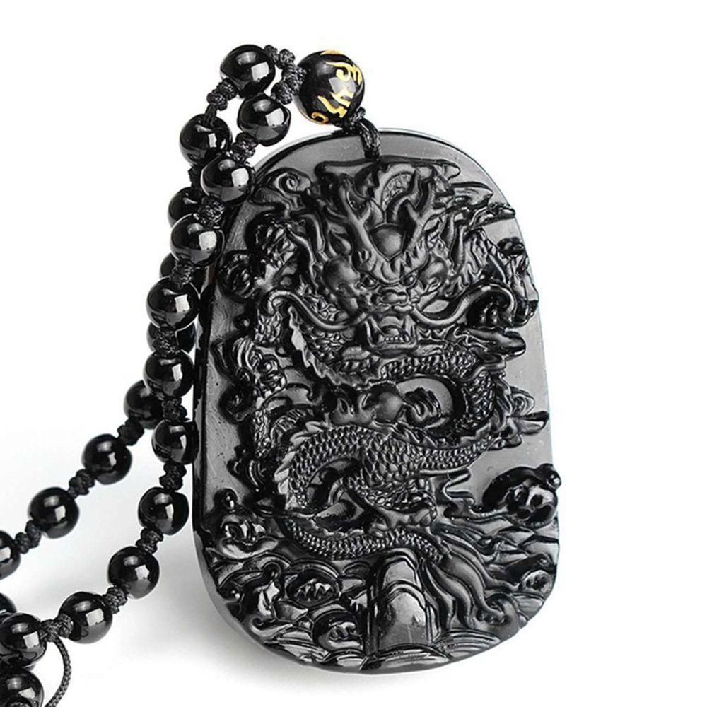 Женская благоприятная цепочка из бисера, черная подвеска, ожерелье из натурального обсидиана, тотем дракона, резной
