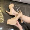 Nude Waterproof Table High Heels Female Korean Version New Sexy Retro Square Head Patent Leather One-word Buckle Light Mouth Thick Heel Single Shoes