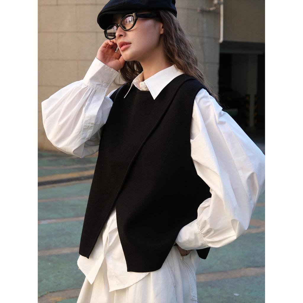 Louvre Autumn Korean Style Irregular Slit Vest for Women - Slim Layered Loose Fit Top