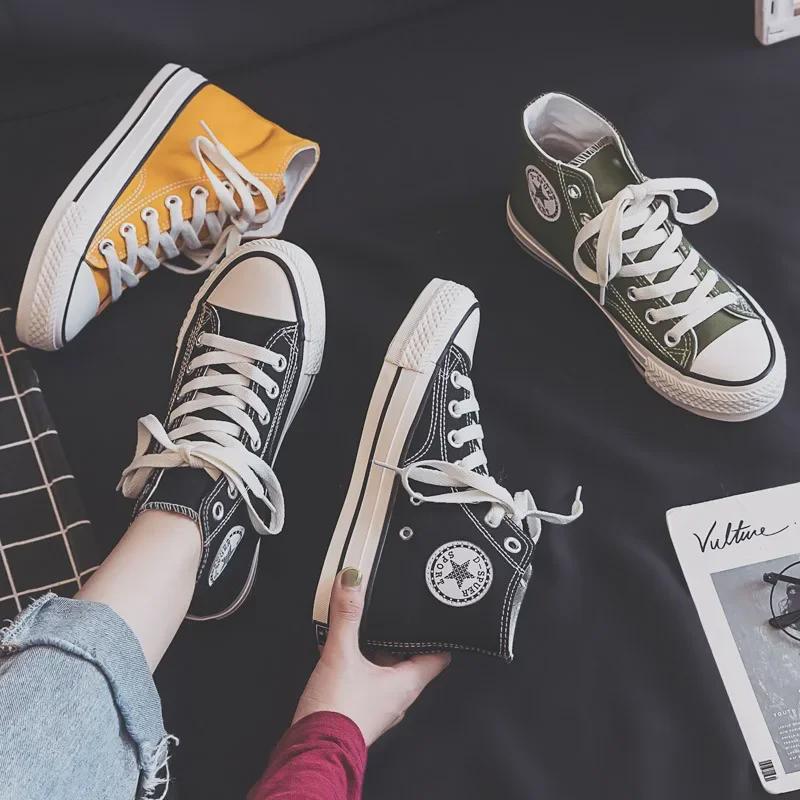 DDOO Women's High-Top Black Canvas Sneakers - Ulzzang Style for Spring and Autumn 2024.