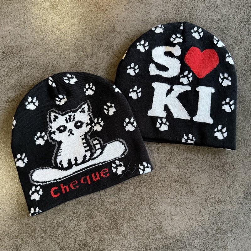 Korean Cute Cat Reversible Knit Beanie Winter Outdoor Ski Warm Hat Women