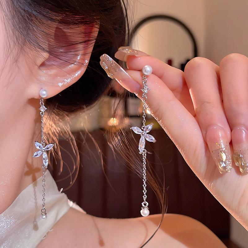 S925 Silver Earrings Shiny Zircon Dangle Earrings Tassel Drop Earrings Delicate For Wearing For Long Time Friend Gatherings
