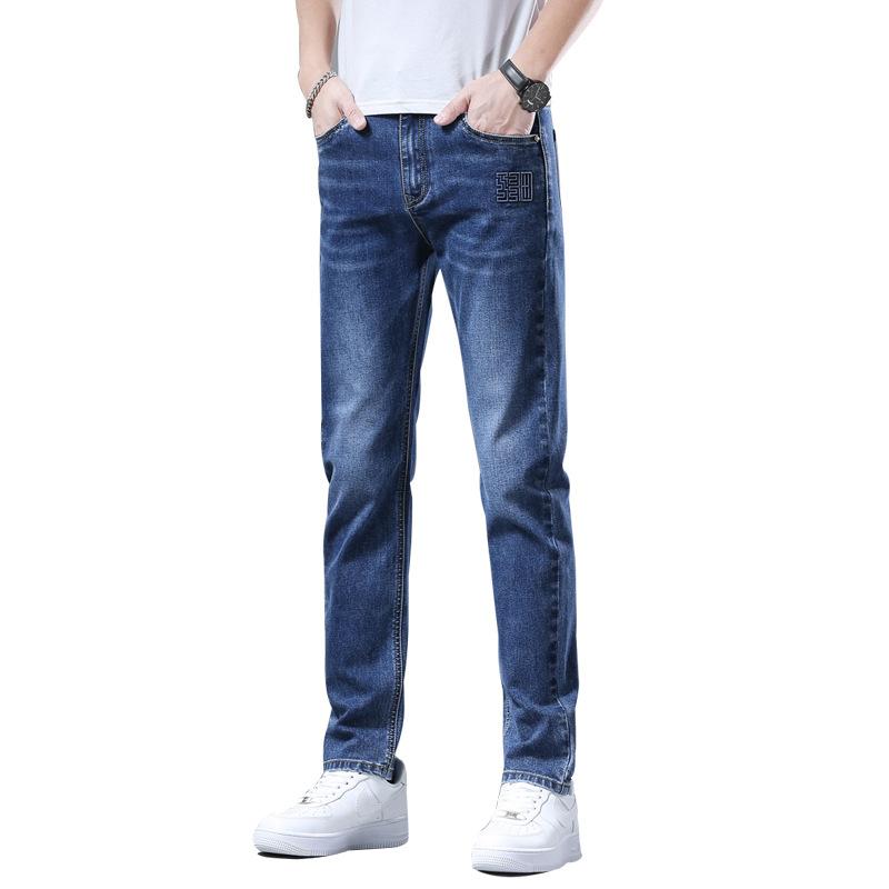 High-end Men's Jeans Dark Blue Abrasive White Tide Soft Breathable Men's Slim Thin Casual Straight Trousers Male