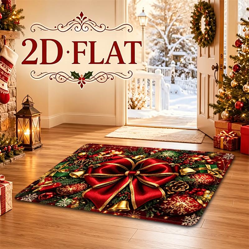 Doormat - 2D Printed Pattern Christmas Holiday Decor Mat, Exquisite Red with Golden Edge Large Bow Christmas Element Pattern, Fun Carpet Machine Washa